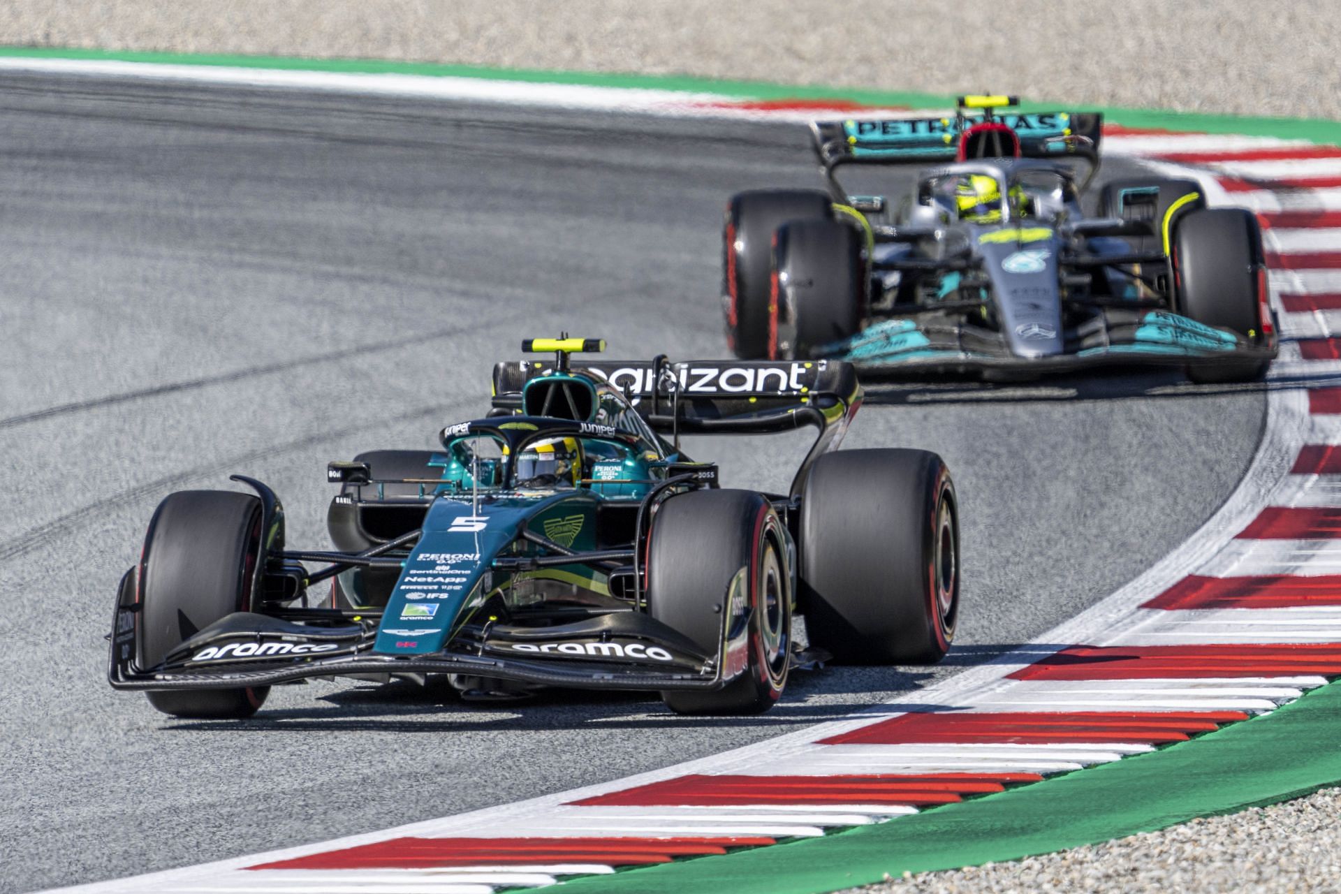 Sebastian Vettel of Germany and Aston Martin and Lewis Hamilton of United Kingdom and Mercedes during the F1 Grand Prix of Austria - Practice and Qualifying at Red Bull Ring on July 8, 2022 in Spielberg, Austria - Source: Getty